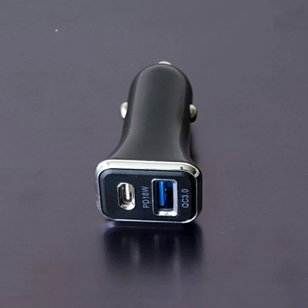 Fast PD Car Charger Dual Port Black Type C Port and USB A Port QC 3.0 Quick Char